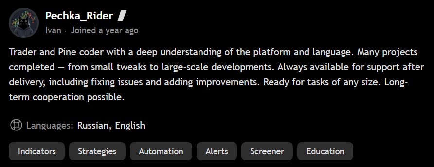 Pechka_Rider profile in TradingView's official Pine Script freelancers list